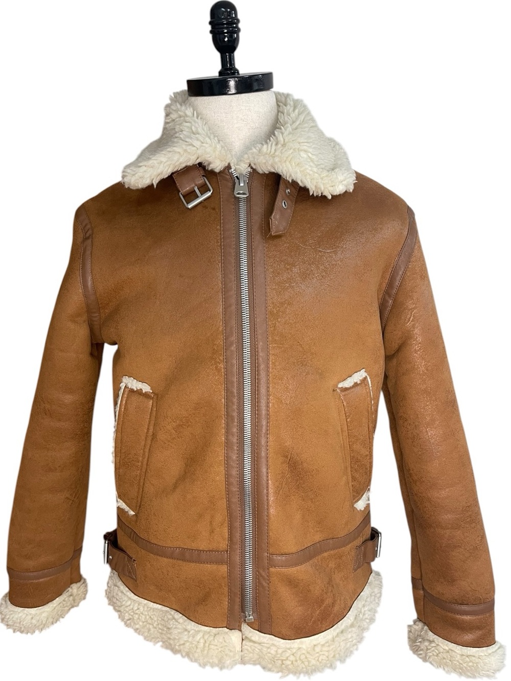 Zara Man Double-Faced Leather Aviator Bomber Jacket with Shearling Brown